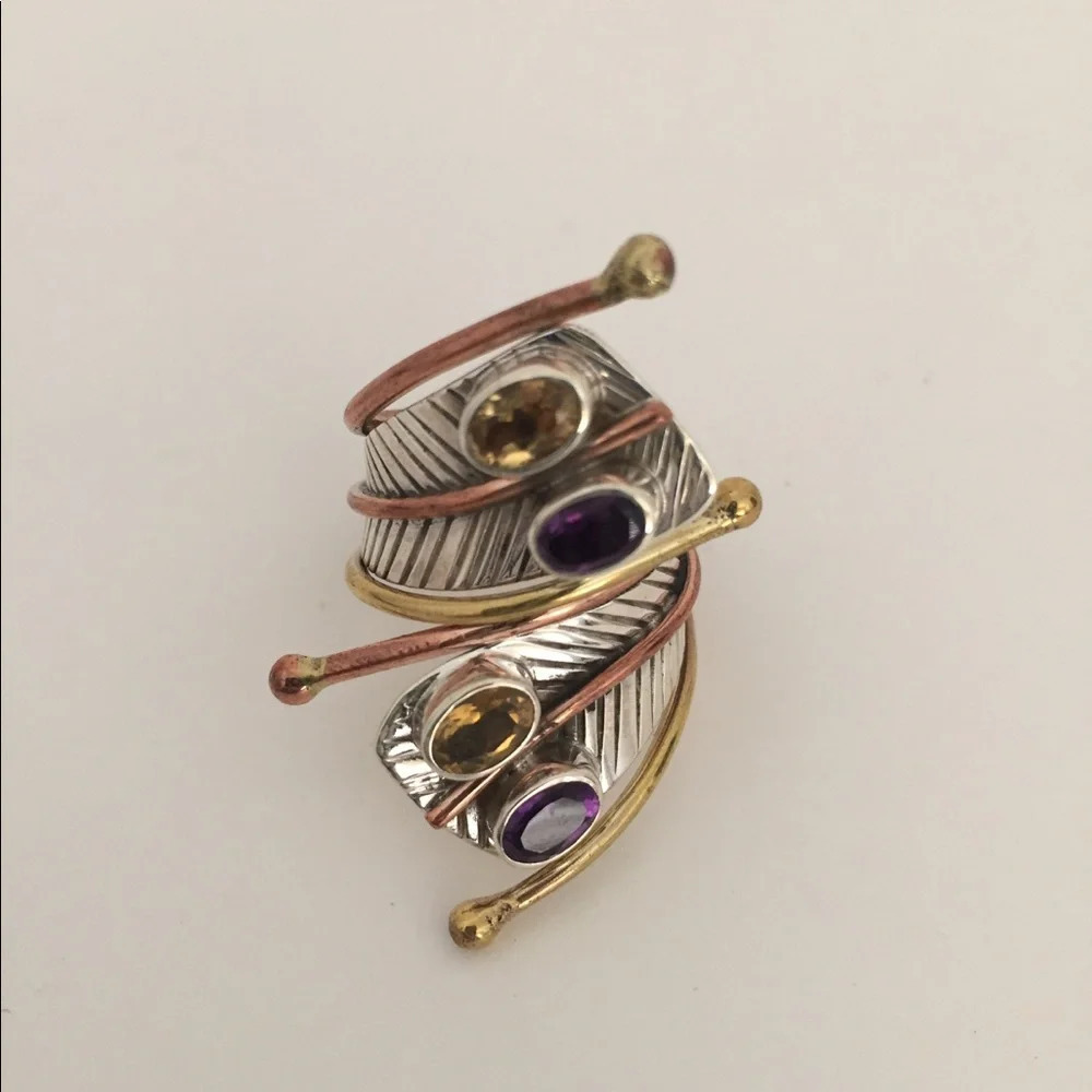 Artisan Tri Tone Sterling Silver Feathered Wrap Ring Brand New Size 7 - Picture 2 of 6